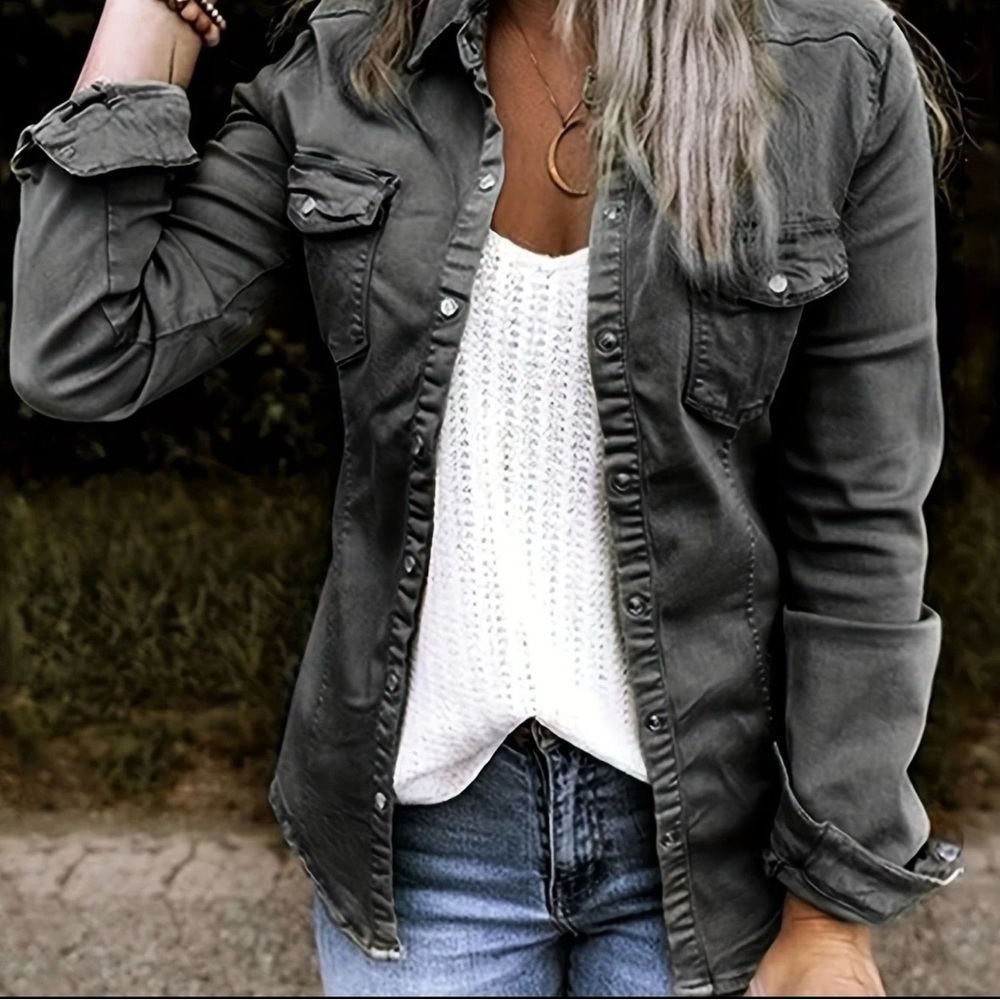 Women’s Gray Denim-Look Long Sleeve